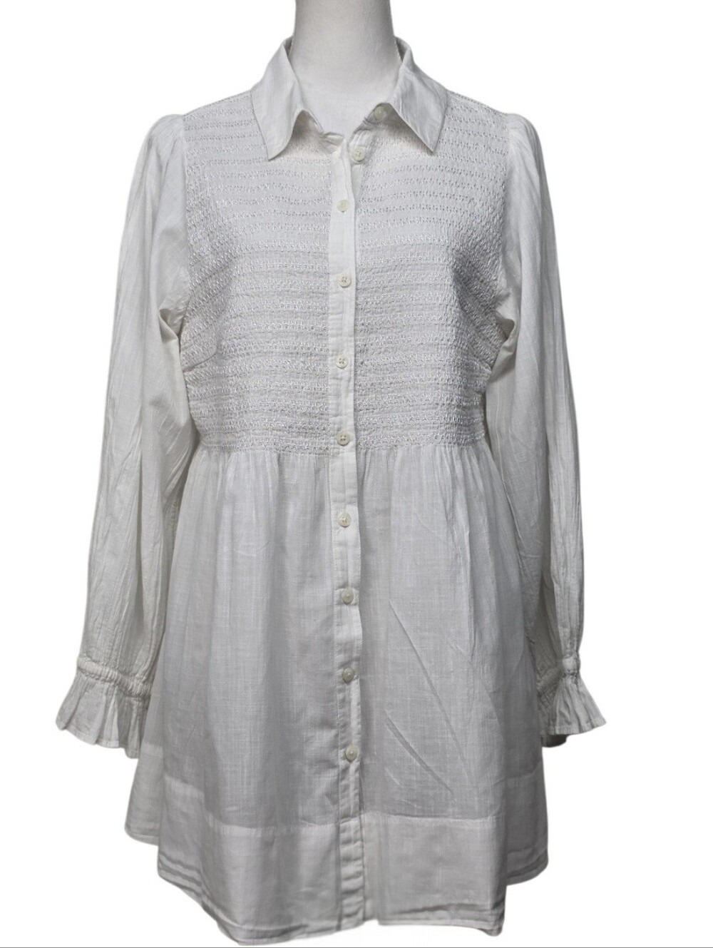 Maeve by Anthropoligie White Smocked Button-Front Tunic Blouse Size 2X